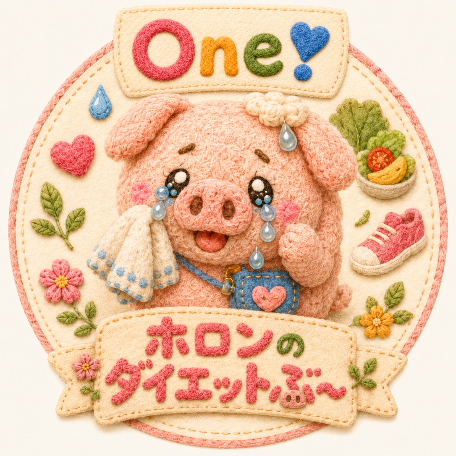 涙を流すやさしいぶたのホロンと、食事や運動のモチーフをあしらったクラブイラスト